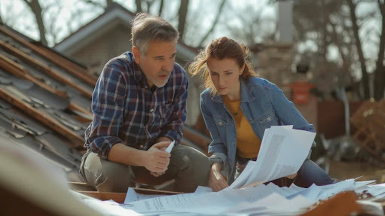 Texas homeowners reviewing storm damage paperwork on the roof of their home after a severe weather event