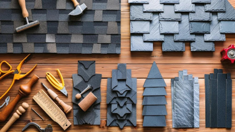 Overhead view of common Texas roofing repair materials, shingle profiles, slate samples, and hand tools laid out on a wooden workbench