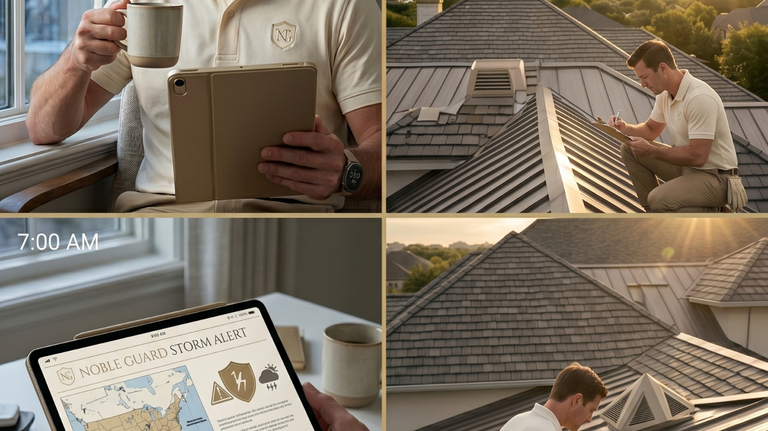 Detailed roof inspection checklist on a clipboard alongside shingle samples