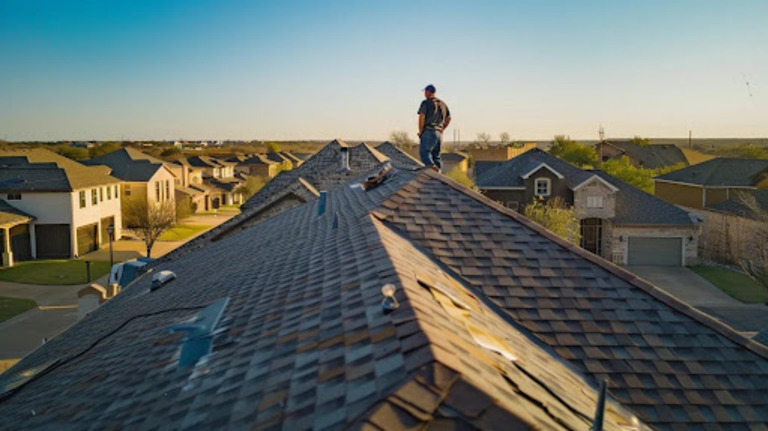 Noble Guard inspector walking a Texas neighborhood rooftop at golden hour