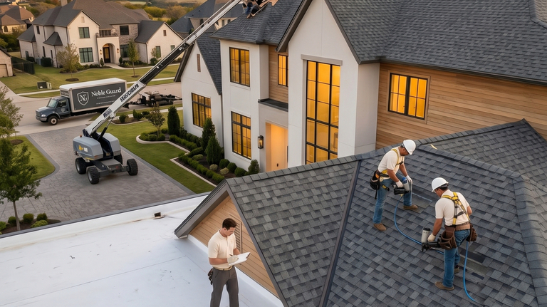 Aerial sunset view of a Noble Guard Roofing crew installing shingles on a luxury Texas home with a flat-to-pitched section and branded boom truck below