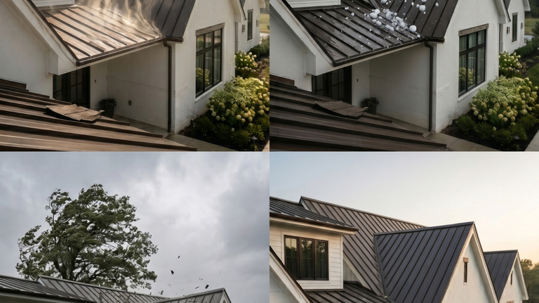 Four-panel illustration of how DFW weather, intense sun, hail, high winds, and inspection aftermath, affects a residential roof over time