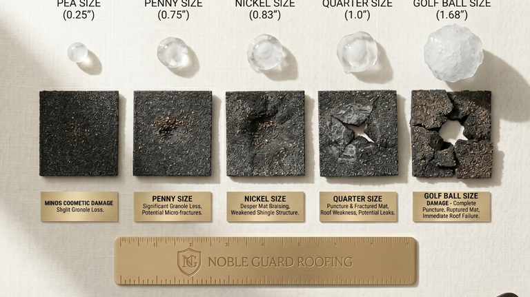 Noble Guard Roofing hail size comparison chart showing pea, penny, nickel, quarter, and golf ball hail with corresponding shingle damage samples