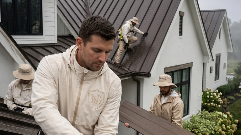 Noble Guard Roofing crew in branded cream jackets installing a dark standing-seam metal roof in the rain on a modern Texas farmhouse