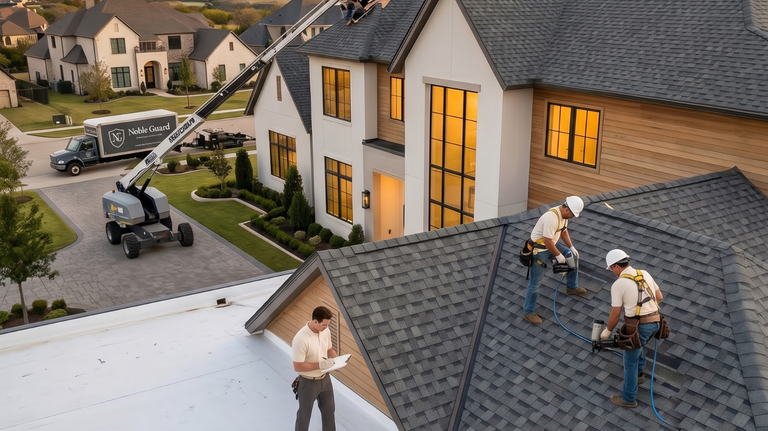 Noble Guard Roofing crew installing a new architectural shingle roof on a luxury Texas home at dusk, with a branded lift truck staged in the driveway