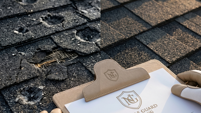 Side-by-side comparison of severe hail-damaged shingles and a freshly installed charcoal architectural roof, with a Noble Guard Roofing inspection clipboard