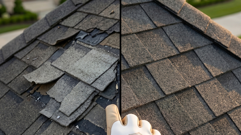 Split view of a Texas roof: storm-damaged shingles on the left and a freshly restored architectural roof on the right, with a Noble Guard Roofing gloved hand pointing to the seam