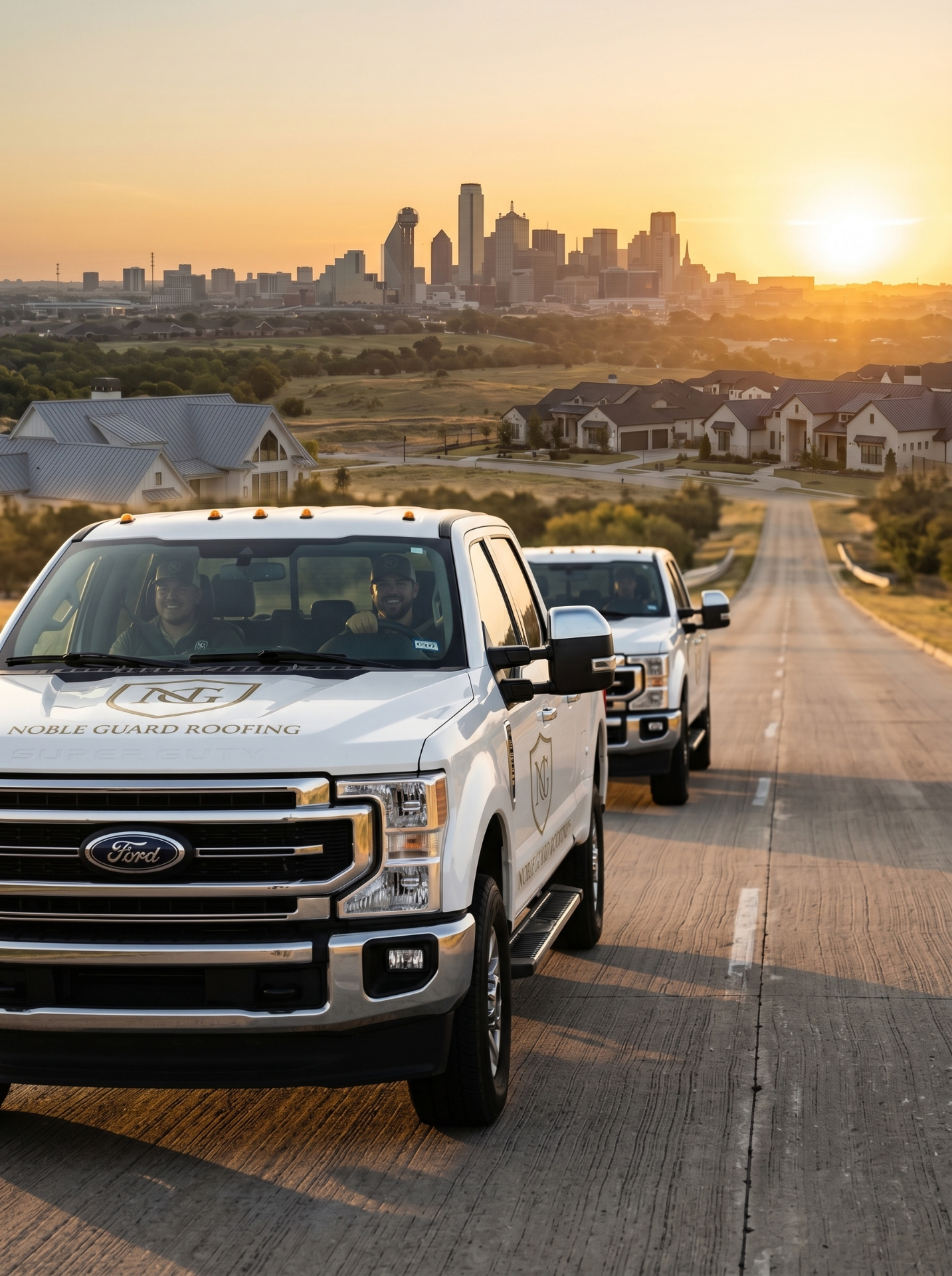 Noble Guard Roofing fleet on Texas highway with Dallas skyline